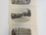 three old postcards of horses and riders in a wooded area