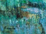 an abstract painting of a river with trees in the background