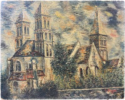 une peinture à l'huile représentant une église à deux clochers sur fond de ciel