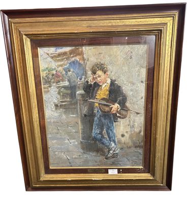 an oil painting of a boy with a gun in his hand