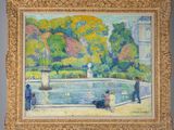 an oil painting of people sitting by a fountain in a park