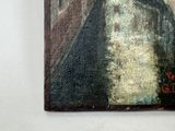 a painting on the wall of a building with a clock on it