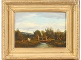 an oil painting of cows grazing in a pasture by a stream