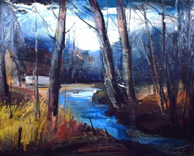 tableau représentant un ruisseau traversant une zone boisée à la lisière d'une forêt