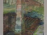 a painting of a train track going under a bridge