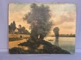 an oil painting of a river scene with a boat in the water