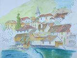 tableau représentant un village avec un pont enjambant une rivière et un autre pont au premier plan