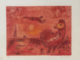 an image of a painting of a bird flying over a city