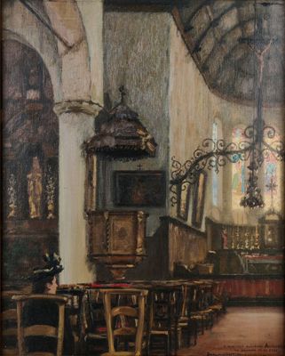 tableau représentant l'intérieur d'une église, avec une femme assise à une table devant l'autel