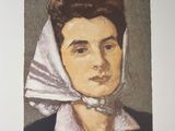 painting of a woman with a white scarf on her head