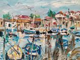 une peinture à l'huile représentant des bateaux amarrés dans un port, avec des bâtiments en arrière-plan