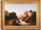 une peinture à l'huile représentant un paysage fluvial avec un château en arrière-plan