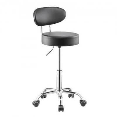 a black and chrome stool with wheels on a white background