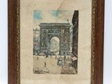 an old picture of a painting of a street scene in a frame