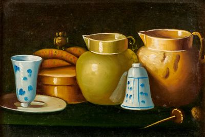 une peinture représentant un pichet, une tasse et une assiette posés sur une table