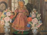 a painting of a little girl in a pink dress standing in front of a vase of flowers