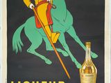 an old poster of a man on a horse with a bottle of liquor