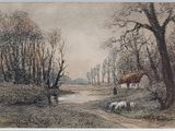 une image d'une peinture de vaches dans un champ