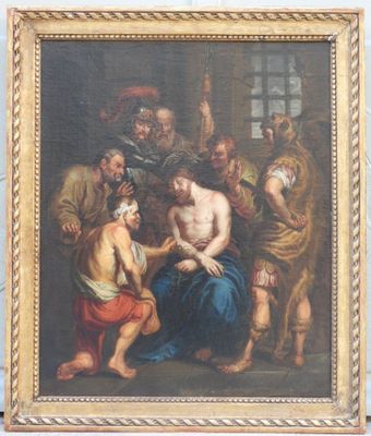 une peinture à l'huile représentant un homme sortant de la poitrine d'un autre homme