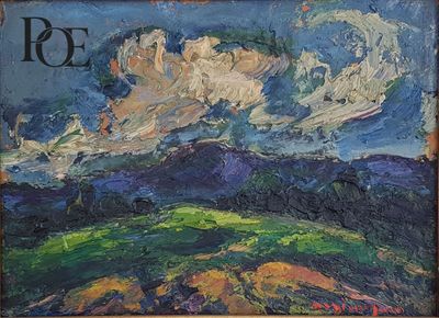 une peinture à l'huile représentant un champ vert avec des nuages dans le ciel