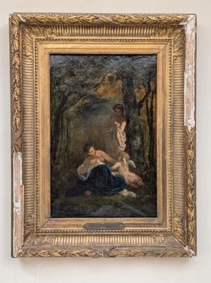 an image of a painting of two women in a wooded setting