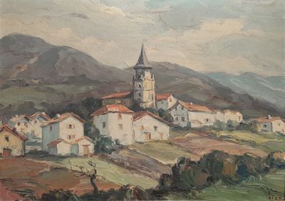 painting of a village with a church on a hill in the background