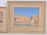 two paintings of a man and a woman in front of a mountain