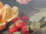 painting of a still life of flowers and fruit on a table