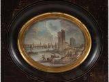 tableau représentant une vue de ville avec un pont en arrière-plan