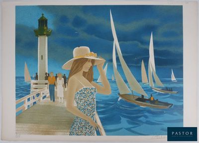 a painting of a woman standing on a pier by the water