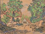l'image d'une peinture représentant un chemin de terre avec des arbres en arrière-plan