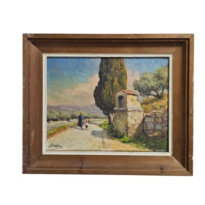 an oil painting of a man walking down a road past a stone building