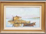 l'image d'une peinture représentant un bateau dans un plan d'eau