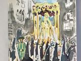 an open book with a picture of a crowd of people walking down a street