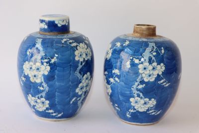 deux vases bleus ornés de fleurs blanches, posés sur une surface blanche