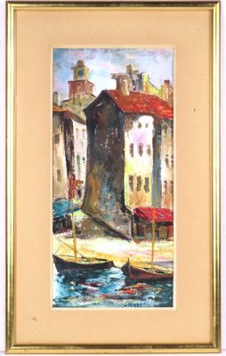 Ecole XXe. "Vue de Saint Tropez", gouache, signée en bas à d…