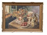 a painting of a vase of flowers and apples on a table