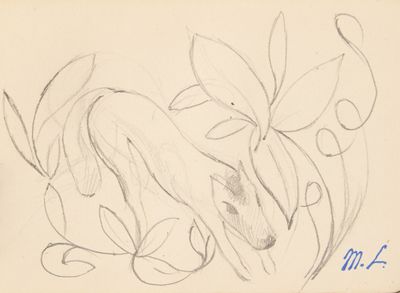 dessin au crayon représentant une tête de cheval, avec des feuilles et des fleurs, sur une feuille de papier