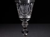 a wine glass with a crest on it sitting on a table
