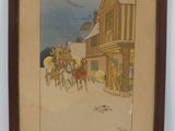 tableau représentant une calèche devant un bâtiment