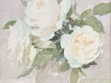 painting of white roses in a glass vase on a table