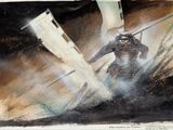 painting of a man in armor holding two swords in a desert