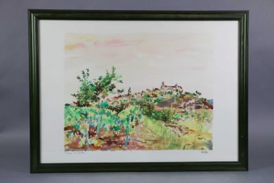 aquarelle encadrée représentant un paysage avec des arbres et une maison