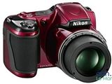 a close up of a red camera with a lens on it