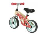 wooden balance bike for toddlers with red handlebars and blue wheels