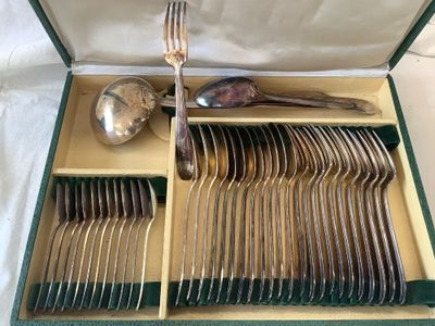 silverware in a green box with spoons and spoons in it
