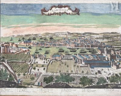 un vieux dessin représentant une vue de la ville depuis une colline