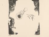 an image of a black and white drawing of a man and a bird