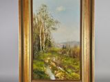 une peinture à l'huile représentant un paysage avec un ruisseau et des arbres