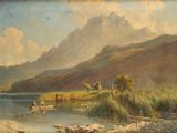 a painting of a man on a boat in the water